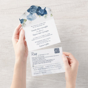 Staubblau Botanische Blüten Schrift Hochzeit All In One Einladung