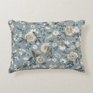 Staubblau Braun Creme Cottage Blumenmuster Dekokissen