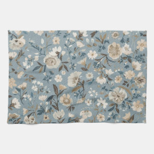 Staubblau Braun Creme Cottage Blumenmuster Geschirrtuch