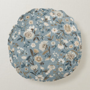 Staubblau Braun Creme Cottage Blumenmuster Rundes Kissen
