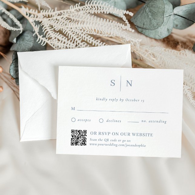 Staubblau Chic | Traditionell und QR Code RSVP Karte (Von Creator hochgeladen)
