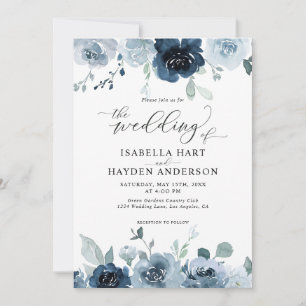 Staubblau dunkle Navy-Schiefer-Blumen-Hochzeit Einladung