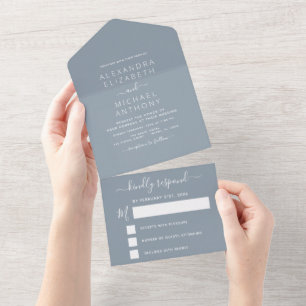 Staubblau Einfache Hochzeit Moderne Typografie All In One Einladung