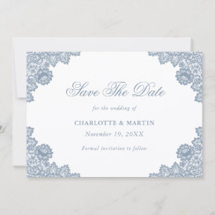 Staubblau Elegante Blumen-Spitze Hochzeit Save The Date