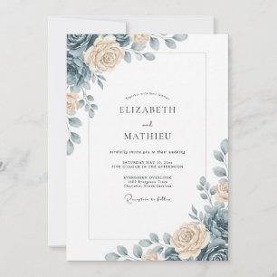 Staubblau Elegante Florale Hochzeit Einladung