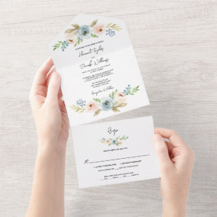 Staubblau elegante florale rustikale Hochzeit mit All In One Einladung
