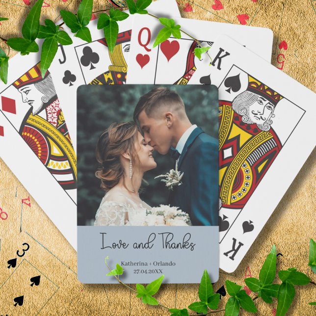 Staubblau elegante Hochzeit Liebe und Dank Foto Spielkarten (Von Creator hochgeladen)