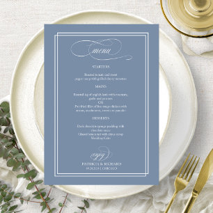 Staubblau elegante Kalligrafie Hochzeitsmenü Menükarte