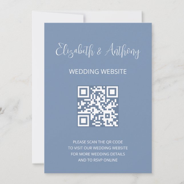 Staubblau Elegante Schrift | QR-Code Hochzeits-RSV Einladung (Vorderseite)