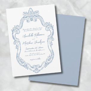 Staubblau Elegante Verzierte Vintage Hochzeit Einladung