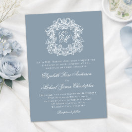 Staubblau-elegantes Monogrammwappen Hochzeit Einladung