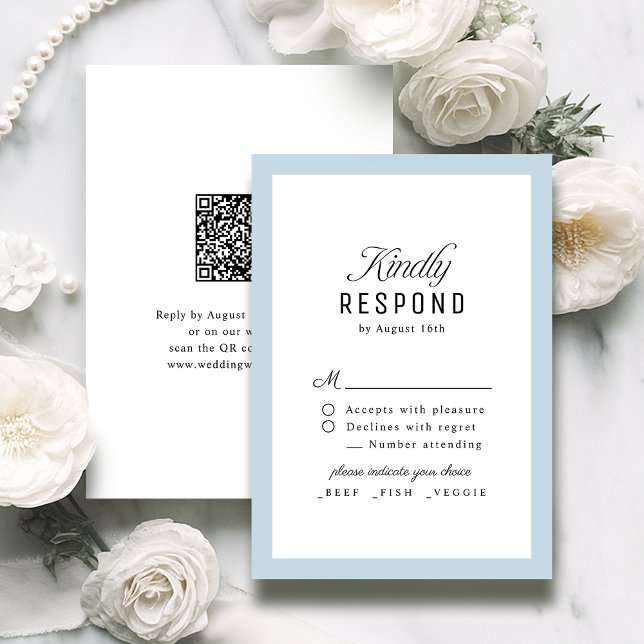 Staubblau Elegantes Skript Hochzeit QR-Code RSVP Karte (Dusty Blue Classy Script Elegant QR code Wedding RSVP Card)