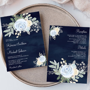 Staubblau Elfenbein Floral All in One Navy Hochzei Einladung