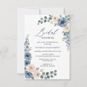 Staubblau Elfenbeinrosé Blumige Moderne Hochzeitsd Einladung