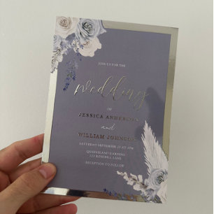 Staubblau Florale Hochzeit Silber Folieneinladung