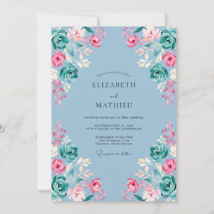 Staubblau Florale Umarmung Hochzeit Einladung