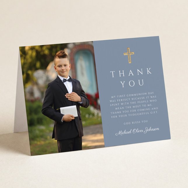 Staubblau Foto Junge Erstkommunion gefaltet Dankeskarte (Dusty Blue Photo Boy First Communion Folded Thank You Card)