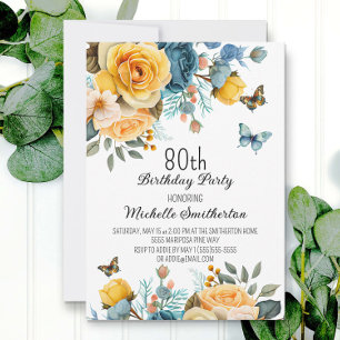 Staubblau gelbe Blumen Schmetterlinge 80. Geburtst Einladung