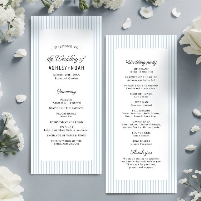 Staubblau gestreifte elegante Hochzeitsprogramme Menükarte (Dusty Blue Striped Elegance Classy Wedding Program)
