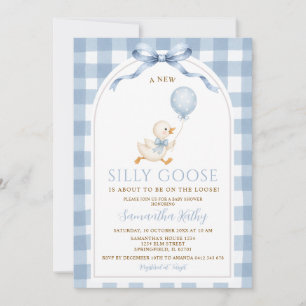 Staubblau Gingham Neue Alberne Gans-Schleife Baby Einladung