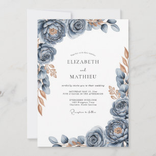 Staubblau Glänzende Florale Hochzeit Einladung
