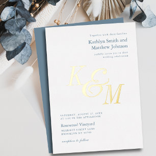 Staubblau Gold Elegante Klassische Monogramm Hochz Folieneinladung