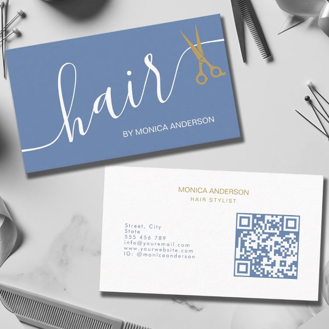 Staubblau Gold Haar Schrift Schere QR Code Visitenkarte (Dusty Blue Gold Hair Script Scissors QR Code Business Card)