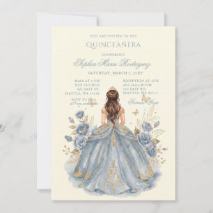 Staubblau Gold Prinzessin Floral Quinceañera Einladung