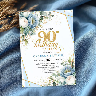 Staubblau-goldene Botanicals rahmen 90. Geburtstag Einladung