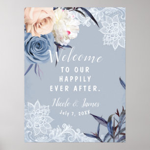 Staubblau Grau & Pfirsich Blumen-Spitzen-Hochzeits Poster