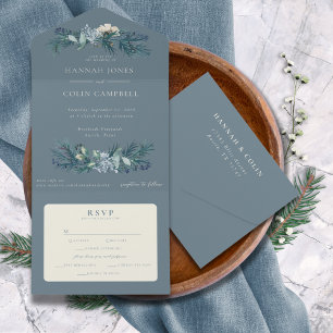 Staubblau-Grau Winter Floral Hochzeit All In One Einladung