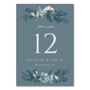 Staubblau-Grau Winter Floral Hochzeit Tischnummer