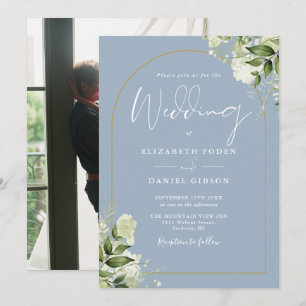 Staubblau Grün Floral Gold Bogen Foto Hochzeit Einladung