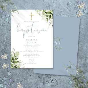 Staubblau Grün Florales Monogramm Taufe Einladung