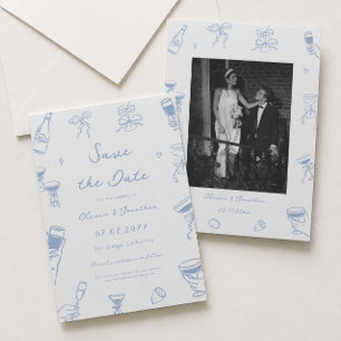 Staubblau handgezeichnete Hochzeit Save-the-Date-F Einladung