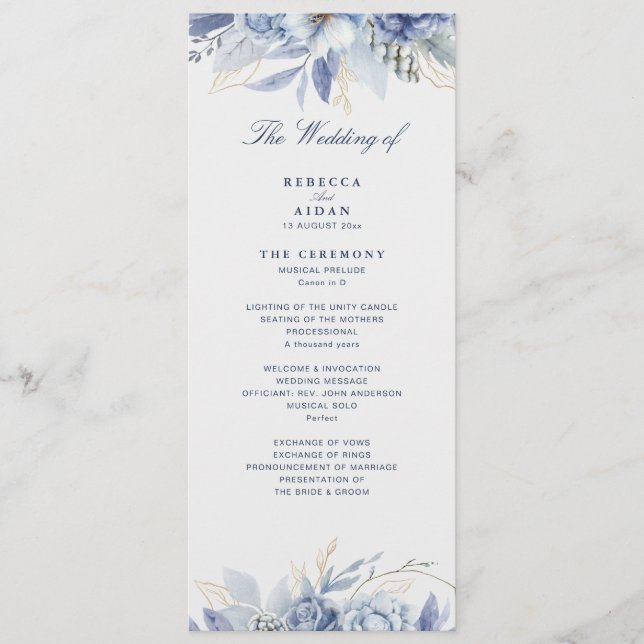 Staubblau & Hellblau Florale Kunst Hochzeit Programm (Vorderseite)