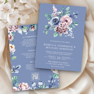 Staubblau Immergrün Rosa Florales QR-Code Hochzeit Einladung