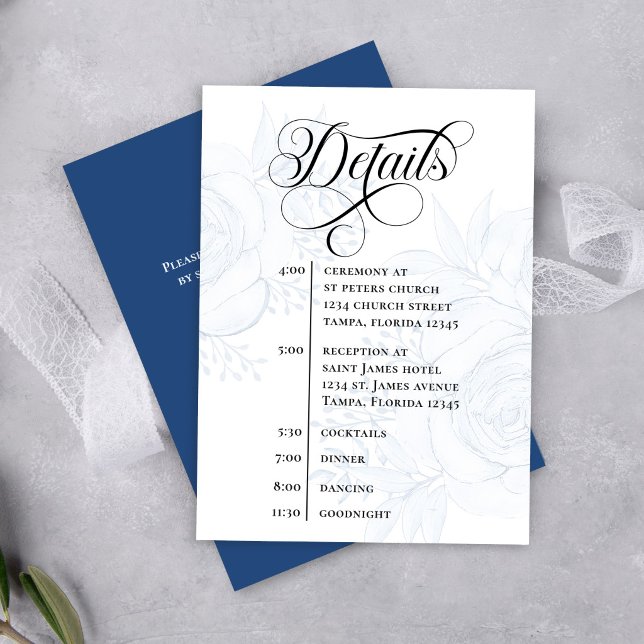 Staubblau Kalligrafie QR-Code Hochzeitsdetails Begleitkarte (Elegant dusty blue floral wedding details card with modern calligraphy and timeline layout)
