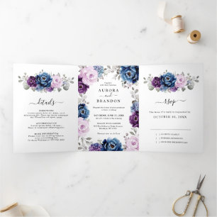 Staubblau Lila Navy Lilienblüten Hochzeit Dreifach Gefaltete Ankündigung