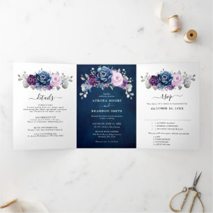 Staubblau Lila Navy Lilienblüten Hochzeit Tri-Fo Dreifach Gefaltete Ankündigung