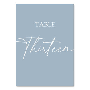 Staubblau minimalistischer eleganter Tisch dreizeh Tischnummer