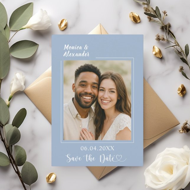Staubblau moderne Foto-Hochzeit Save the Date (Von Creator hochgeladen)