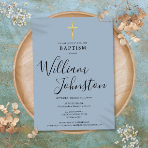 Staubblau moderne Taufe Christening Goldkreuz Einladung