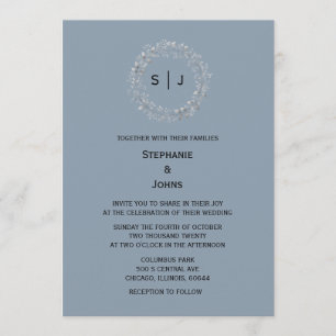Staubblau Monogramm Blatt Wappen Elegante Hochzeit Einladung
