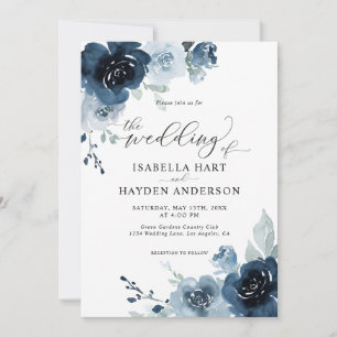 Staubblau-Navy-Dunkle Schiefer-Blumen-Hochzeit Einladung