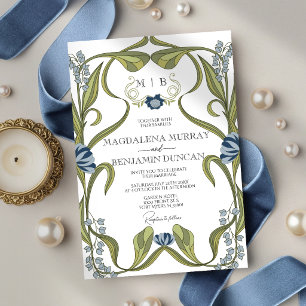 Staubblau-Navy-Vintage-Art Nouveau-Floralhochzeit Einladung