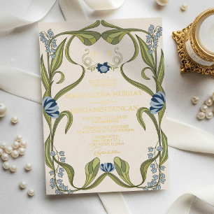 Staubblau-Navy-Vintage-Art Nouveau-Floralhochzeit Folieneinladung