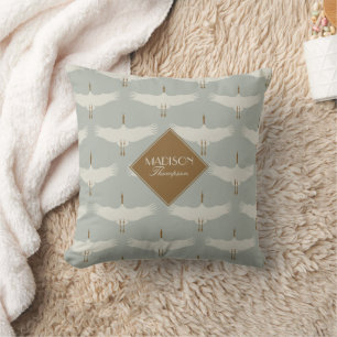 Staubblau neutrale Vögel Kraniche Art Deco Monogra Kissen