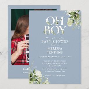 Staubblau Oh Boy Grünzeug Foto Baby Shower Einladung