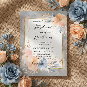 Staubblau-Pfirsich-Aquarell-Blumen-Goldene-Hochzei Einladung